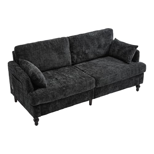 Arhatreya 2 Sitzer Sofa Couch mit Holzbeinen, 2er Klappsofa mit Aufbewahrungstasche und USB-Ladefunktion, Sitzsofa mit LED-Licht für Wohnzimmer, Schlafzimmer, Wohnung, Chenille, Schwarz von Arhatreya