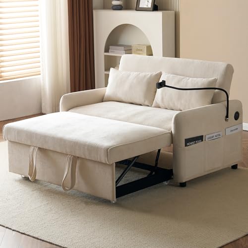 Arhatreya 2 Sitzer Sofa Gästesofa Modern Couch, 2er Sitzsofa mit Schlaffunktion, Schlafsofa mit Verstellbare Rückenlehne, Klappschlafsofa für Wohnzimmer Schlafzimmer, Chenille, Beige von Arhatreya