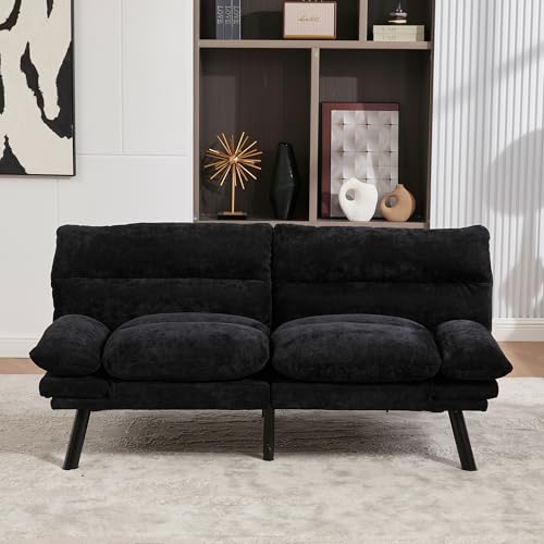 Arhatreya 2 Sitzer Sofa Gästesofa Modern Couch, 2er Sitzsofa mit Verstellbarer Rückenlehne und Armlehnen, Polstersofa mit Metallbeinen für Wohnzimmer, Wohnung, Buros, Chenille, Schwarz von Arhatreya