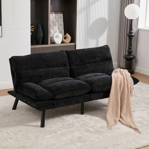 Arhatreya 2 Sitzer Sofa Gästesofa Modern Couch, 2er Sitzsofa mit Verstellbarer Rückenlehne und Armlehnen, Polstersofa mit Metallbeinen für Wohnzimmer, Wohnung, Gästezimmer, Chenille, Schwarz von Arhatreya