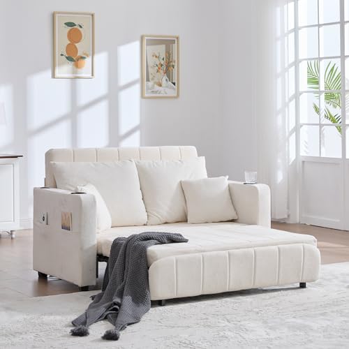 Arhatreya 2 Sitzer Sofa Klappsofa Couch, 2er Ausziehsofa mit Aufbewahrungstasche und USB-Ladefunktion, Sofabett mit Becherhalter, Schlafsofa für Wohnzimmer, Schlafzimmer, Wohnung, Chenille, Beige von Arhatreya