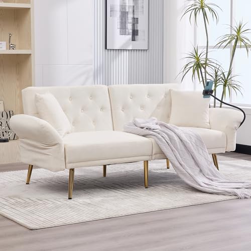 Arhatreya 2 Sitzer Sofa Klappsofa Modern Couch mit Handyhalter, 2er Sitzsofa mit Zwei USB-Anschlüsse und Rückenlehne, Sofabett für Wohnzimmer, Schlafzimmer, Buros, Gästezimmer, Chenille, Beige von Arhatreya