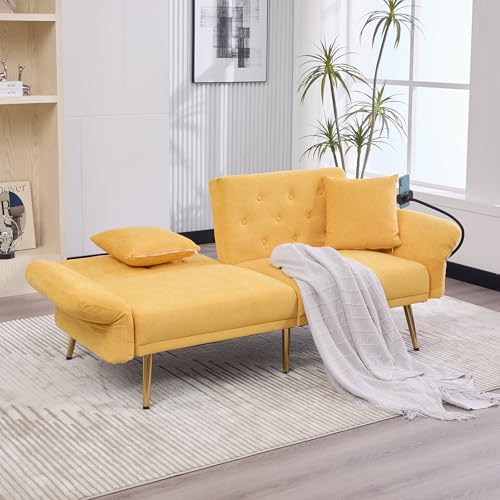 Arhatreya 2 Sitzer Sofa Klappsofa Modern Couch mit Handyhalter, 2er Sitzsofa mit Zwei USB-Anschlüsse und Rückenlehne, Sofabett für Wohnzimmer, Schlafzimmer, Buros, Gästezimmer, Chenille, Gelb von Arhatreya