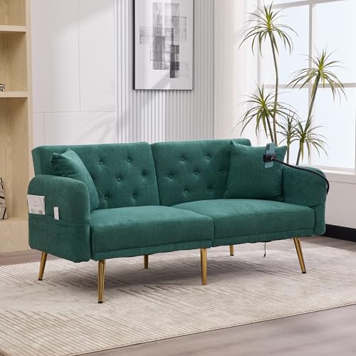 Arhatreya 2 Sitzer Sofa Klappsofa Modern Couch mit Handyhalter, 2er Sitzsofa mit Zwei USB-Anschlüsse und Rückenlehne, Sofabett für Wohnzimmer, Schlafzimmer, Buros, Gästezimmer, Chenille, Grün von Arhatreya