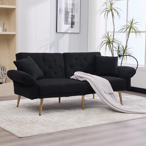 Arhatreya 2 Sitzer Sofa Klappsofa Modern Couch mit Handyhalter, 2er Sitzsofa mit Zwei USB-Anschlüsse und Rückenlehne, Sofabett für Wohnzimmer, Schlafzimmer, Buros, Gästezimmer, Chenille, Schwarz von Arhatreya