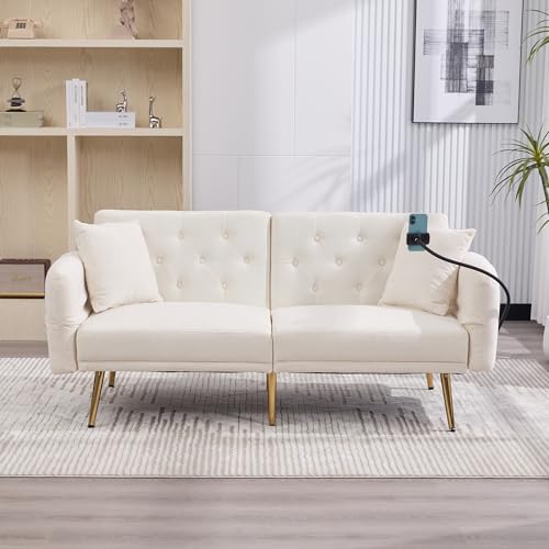 Arhatreya 2 Sitzer Sofa Klappsofa Modern Couch mit Handyhalter, 2er Sitzsofa mit Zwei USB-Anschlüsse und Rückenlehne, Sofabett für Wohnzimmer, Schlafzimmer, Wohnung, Gästezimmer, Chenille, Beige von Arhatreya