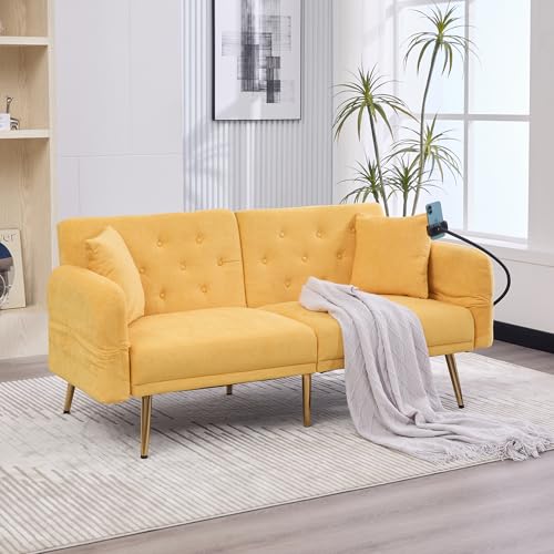 Arhatreya 2 Sitzer Sofa Klappsofa Modern Couch mit Handyhalter, 2er Sitzsofa mit Zwei USB-Anschlüsse und Rückenlehne, Sofabett für Wohnzimmer, Schlafzimmer, Wohnung, Gästezimmer, Chenille, Gelb von Arhatreya