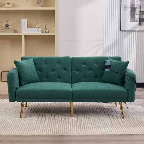 Arhatreya 2 Sitzer Sofa Klappsofa Modern Couch mit Handyhalter, 2er Sitzsofa mit Zwei USB-Anschlüsse und Rückenlehne, Sofabett für Wohnzimmer, Schlafzimmer, Wohnung, Gästezimmer, Chenille, Grün von Arhatreya