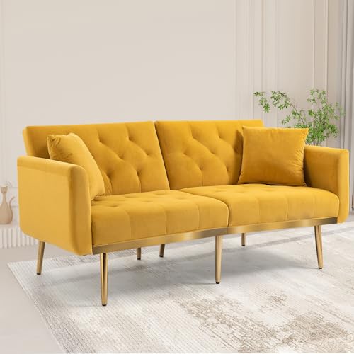 Arhatreya 2-Sitzer Sofa aus weichem Samt, Umwandelbar in EIN 3-Fach verstellbares Schlafsofa, Robuste Metallfüße, Geeignet für Wohnzimmer, Schlafzimmer, Gelb von Arhatreya