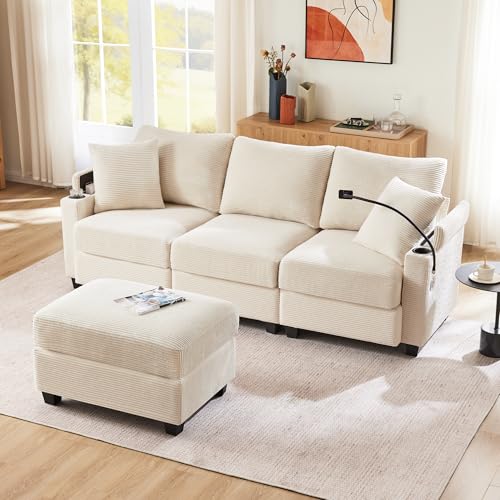 Arhatreya 3 Sitzer L-förmiges Sofa Gästesofa Modern Couch mit 2 Kissen, 3er Sitzsofa mit Getränkehalter Fußhocker und Getränkehalter, Ecksofa für Wohnzimmer, Schlafzimmer, Buros, Cordstoff, Beige Arhatreya 3 Sitzer L-förmiges Sofa Gästesofa Modern Couch mit 2 Kissen, 3er Sitzsofa mit Getränkehalter Fußhocker und Getränkehalter, Ecksofa für Wohnzimmer, Schlafzimmer, Buros, Cordstoff, Beige von Arhatreya