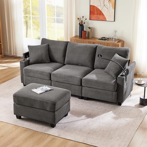 Arhatreya 3 Sitzer L-förmiges Sofa Gästesofa Modern Couch mit 2 Kissen, 3er Sitzsofa mit Getränkehalter Fußhocker und Getränkehalter, Ecksofa für Wohnzimmer, Schlafzimmer, Buros, Cordstoff, Grau Arhatreya 3 Sitzer L-förmiges Sofa Gästesofa Modern Couch mit 2 Kissen, 3er Sitzsofa mit Getränkehalter Fußhocker und Getränkehalter, Ecksofa für Wohnzimmer, Schlafzimmer, Buros, Cordstoff, Grau von Arhatreya