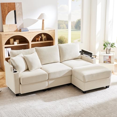 Arhatreya 3 Sitzer L-förmiges Sofa Gästesofa Modern Couch mit 2 Kissen, 3er Sitzsofa mit Getränkehalter Fußhocker und Getränkehalter, Ecksofa für Wohnzimmer, Schlafzimmer, Wohnung, Cordstoff, Beige Arhatreya 3 Sitzer L-förmiges Sofa Gästesofa Modern Couch mit 2 Kissen, 3er Sitzsofa mit Getränkehalter Fußhocker und Getränkehalter, Ecksofa für Wohnzimmer, Schlafzimmer, Wohnung, Cordstoff, Beige von Arhatreya
