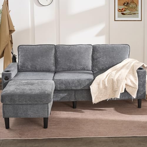 Arhatreya 3 Sitzer Sofa Gästesofa Modern Couch mit USB- und Typ-C-Anschlüssen, 3er Sitzsofa mit Zwei Getränkehaltern, L-förmiges Schlafsofa für Erwachsene, Schlafzimmer, Wohnung, Grau von Arhatreya
