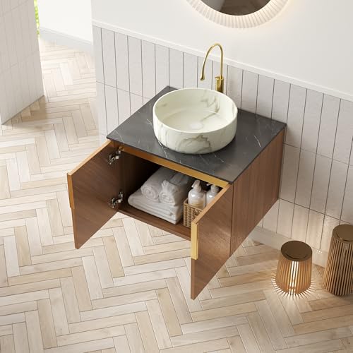 Arhatreya 61cm Wandhalterung Badezimmer-Waschtisch mit Weiße Schüssel Keramikbecken mit Steinmuster, Arbeitsplatte aus schwarzem Sinterstein, Sperrholzschrank mit 2 Türen von Arhatreya