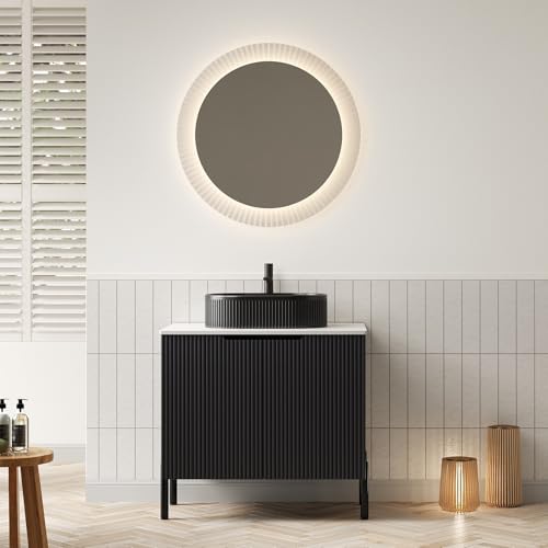 Arhatreya 76cm Freistehender Badezimmerwaschtisch mit Schwarzem Oval Gestreiftem Keramikwaschbecken, Arbeitsplatte aus Weißem Gesintertem Carrara-Stein, Gestreifter Schrank mit Doppeltüren Arhatreya 76cm Freistehender Badezimmerwaschtisch mit Schwarzem Oval Gestreiftem Keramikwaschbecken, Arbeitsplatte aus Weißem Gesintertem Carrara-Stein, Gestreifter Schrank mit Doppeltüren von Arhatreya