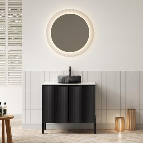 Arhatreya 76cm Freistehender Badezimmerwaschtisch mit Transparentes Schwarzes Rundes Glasbecken, Arbeitsplatte aus Weißem gesintertem Carrara-Stein, Gestreifter Schrank mit Doppeltüren Arhatreya 76cm Freistehender Badezimmerwaschtisch mit Transparentes Schwarzes Rundes Glasbecken, Arbeitsplatte aus Weißem gesintertem Carrara-Stein, Gestreifter Schrank mit Doppeltüren von Arhatreya