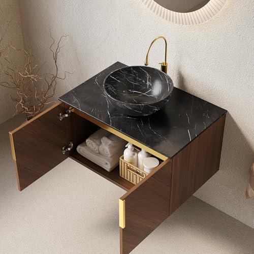 Arhatreya 76cm Waschbeckenschrank Badezimmer-Waschtisch mit Schwarzer Schüssel Keramikbecken mit Steinmuster, Arbeitsplatte aus schwarzem Sinterstein, Sperrholzschrank mit 2 Türen von Arhatreya