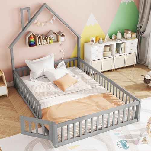 Arhatreya Bodenbett 140x190 cm, Kinderbett mit Schornsteinform, Holzbett mit Lattenrost, Minimalistischer Stil, Bett für Kinder Mädchen Jugendliche (Ohne Matratze) Kiefernholz Grau von Arhatreya