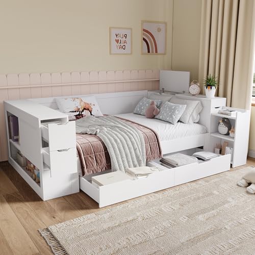 Arhatreya Daybed 140x200 cm, Kinderbett mit Schubladen, Einzelbett mit Regalen, Holzbett mit Stauraum, Tagesbett mit nachttisch für Gästezimmer Schlafzimmer (Ohne Matratze) Weiß von Arhatreya