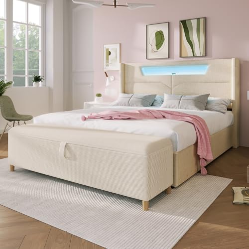Arhatreya Doppelbett 140x200 cm, Gästebett mit LED, Jugendbett mit USB-C + Bettbank, Polsterbett mit Lattenrost für Wohnung Schlafzimmer (Ohne Matratze) von Arhatreya