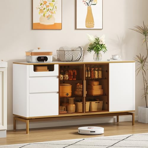 Arhatreya Elegantes Sideboard 150Lx40Bx80H cm, weiß, Arbeitsplatte aus Marmor, goldene Zierleiste - Moderner Stauraumschrank mit Glas- und Holzfächern von Arhatreya