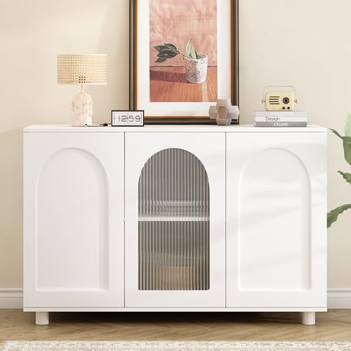 Arhatreya Elegantes und Schlichtes U-förmiges Sideboard in Reinweiß mit Glastür und Rebounder-Design für Küche, Wohnzimmer und Esszimmer von Arhatreya