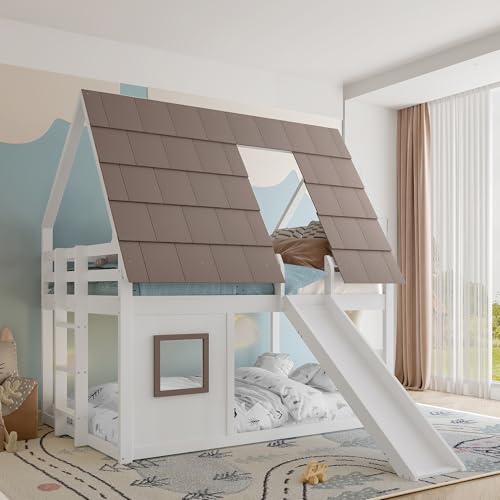 Arhatreya Etagenbett 140x200 cm, Kinderbett mit Dach, Stockbett mit Rutsche, Holzbett mit Leiter, Bettgestell mit Lattenrost, Bett für Kinder Jugendliche (Ohne Matratze) Weiß+Braun von Arhatreya