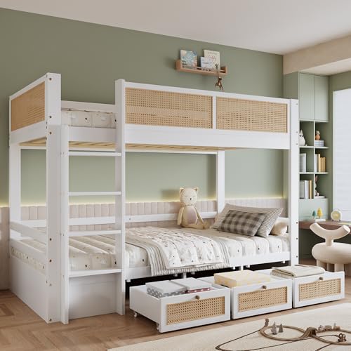 Arhatreya Etagenbett 90x200 cm, Kinderbett mit DREI Schubladen, Stockbett mit Sichere Bettgitter, Holzbett mit Rattanzaun, Bett für Kinder Schlafzimmer (Ohne Matratze) Kiefer+MDF Weiß+Natur von Arhatreya