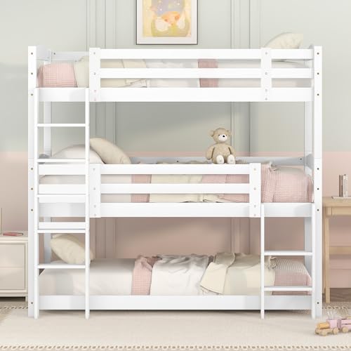 Arhatreya Etagenbett 90x200 cm, Kinderbett mit Gitter, Dreier Stockbett mit Leiter, 2 Einzelbett, Holzbett Bett für 3 Kinder Jugendliche (Ohne Matratze) Kiefer+MDF Weiß von Arhatreya