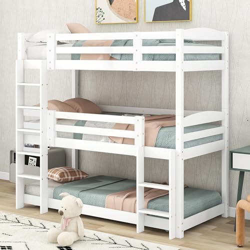 Arhatreya Etagenbett 90x200 cm, Kinderbett mit Gitter, Dreier Stockbett mit Leiter, 2 Einzelbett, Holzbett Bett für 3 Kinder Wohnung (Ohne Matratze) Kiefer+MDF Weiß von Arhatreya