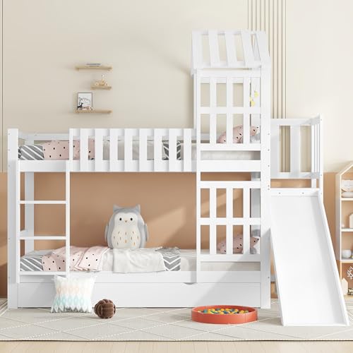 Arhatreya Etagenbett 90x200 cm, Kinderbett mit Große Schublade, Stockbett mit Spaßrutsche, Holzbett mit Dach und Fenster, Bett für Kinder Jugendliche (Ohne Matratze) Kiefer+MDF Weiß von Arhatreya