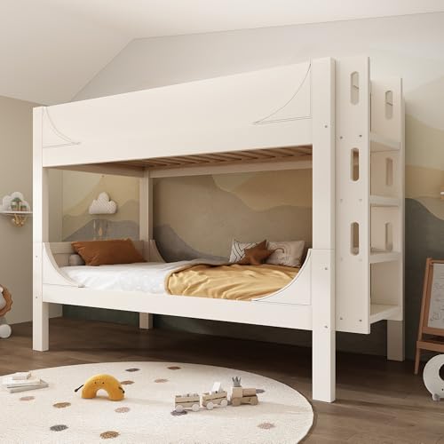 Arhatreya Etagenbett 90x200 cm, Kinderbett mit Leiter, Stockbett mit Gitter, 2 Einzelbetten, Holzbett mit Rausfallschutz, Bett für Kinder Wohnung (Ohne Matratze) Weiß von Arhatreya