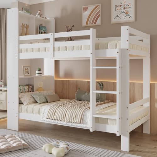 Arhatreya Etagenbett 90x200 cm, Kinderbett mit Regalen und dreistufiger, Stockbett mit Rechtwinkliger Leiter, Holzbett mit Stauraum, Bett für Schlafzimmer (Ohne Matratze) Weiß von Arhatreya