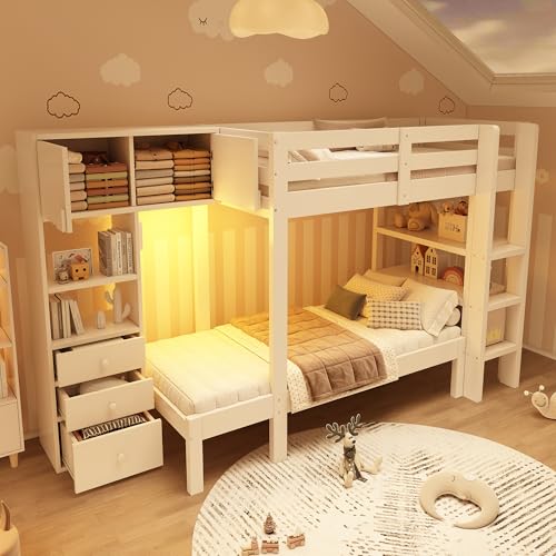 Arhatreya Etagenbett 90x200 cm, Kinderbett mit intelligentem Nachtlicht, Stockbett mit Schrank, Holzbett mit Regal und Schubladen, Bett mit Lattenrost für Kinder Wohnung (Ohne Matratze) Weiß von Arhatreya