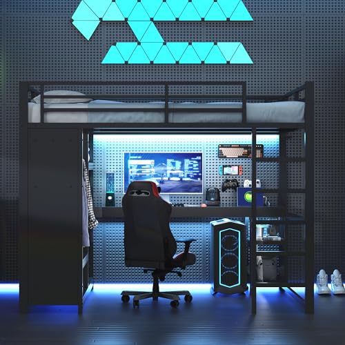 Arhatreya Gaming Hochbett 140x200 cm, Metallbett mit LED, Kinderbett mit Schreibtisch, Jugendbett mit Offenem Kleiderschrank und Ablagefächern, Bett für Kinderzimmer (Ohne Matratze) Schwarz von Arhatreya