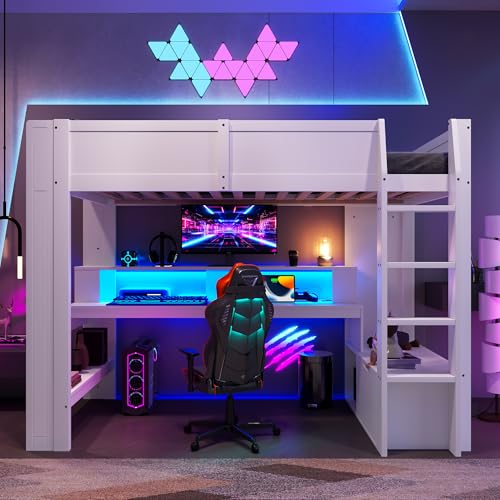 Arhatreya Gaming Hochbett 90x200 cm, Kinderbett mit Schreibtisch, Holzbett mit LED-Leuchten und Schreibtisch, Regale, Bett mit Schublade für Kinder Schlafzimmer (Ohne Matratze) Kiefernholz Weiß von Arhatreya