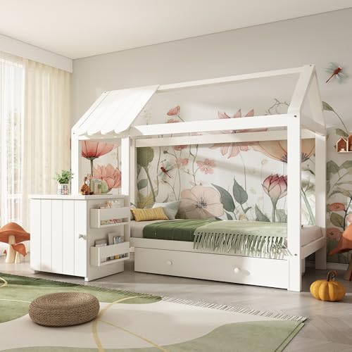 Arhatreya Hausbett 90x200 cm, Kinderbett mit Schubladen, Holzbett mit Dach, Bodenbett mit Abnehmbarem Nachttisch, Bett für Kinder Mädchen, Jugendliche (Ohne Matratze) Weiß von Arhatreya