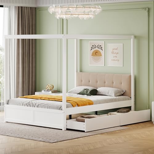 Arhatreya Himmelbett 140x200 cm, Doppelbett mit Großen Schubladen, Holzbett mit weicher Rückenlehne, Bettgestell mit Lattenrost, Gästebett für Schlafzimmer (Ohne Matratze) Weiß von Arhatreya