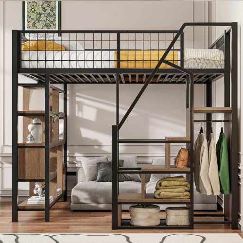 Arhatreya Hochbett 140x200 cm, Kinderbett mit Ablageflächen, Metallbett mit Treppe, Jugendbett Bettgestell mit Lattenrost, Bett mit Stauraum für Kinder Wohnung (Ohne Matratze) Schwarz von Arhatreya