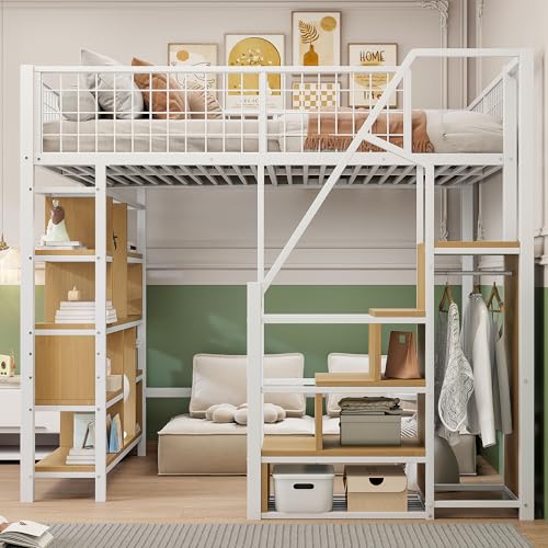 Arhatreya Hochbett 140x200 cm, Kinderbett mit Ablageflächen, Metallbett mit Treppe, Jugendbett Bettgestell mit Lattenrost, Bett mit Stauraum für Kinder Wohnung (Ohne Matratze) Weiß von Arhatreya