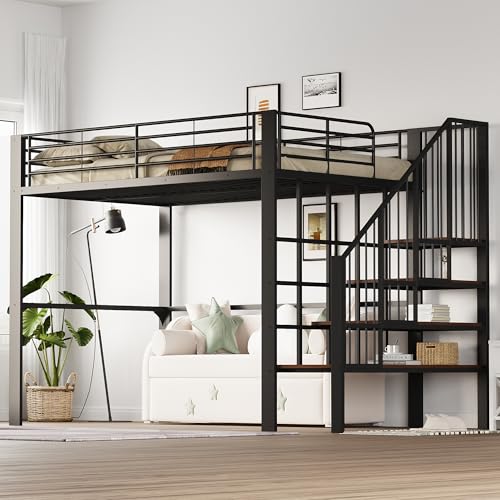 Arhatreya Hochbett 140x200 cm, Kinderbett mit Metallkonstruktion, Metallbett mit Treppe, Jugendbett Bettgestell mit Lattenrost, Bett für Kinder Erwachsene (Ohne Matratze) Schwarz von Arhatreya