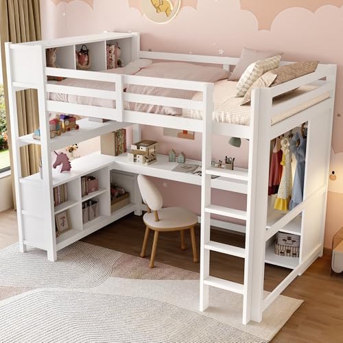Arhatreya Hochbett 140x200 cm, Kinderbett mit Regale, Holzbett mit Ablagefächer, Einzelbett mit Schreibtisch und Kleiderschrank, Bett mit Lattenrost für Kinder Jugendliche (Ohne Matratze) Weiß von Arhatreya