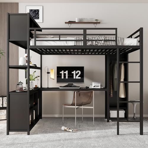 Arhatreya Hochbett 140x200 cm, Kinderbett mit Schreibtisch, Eisenbett mit Kleiderschrank, Metallbett mit Stauraum, Bettgestell mit Lattenrost, Bett für Kinder Wohnung (Ohne Matratze) Schwarz von Arhatreya