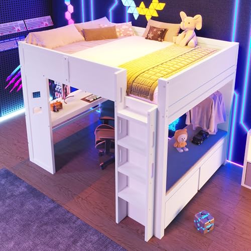 Arhatreya Hochbett 140x200 cm, Kinderbett mit Schreibtisch, Gamingbett mit LED-Leuchten, Holzbett mit Schubladen, Jugendbett mit USB/Typ-C-Anschlüssen, Bett für Kinder Jugendliche (Ohne Matratze) Weiß von Arhatreya