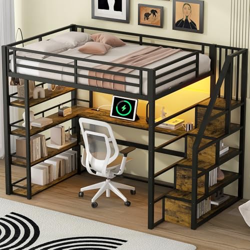 Arhatreya Hochbett 140x200 cm, Kinderbett mit Schreibtisch und Treppen, Metallbett mit Staufächern, Jugendbett mit USB-Ladestation, Bett mit LED-Licht für Kinder Jugendliche (Ohne Matratze) Schwarz von Arhatreya