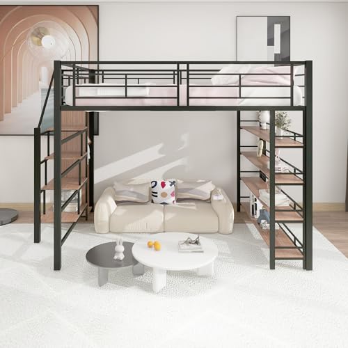 Arhatreya Hochbett 140x200 cm, Kinderbett mit Sicherheitstreppe, Metallbett mit Stauraum, Einzelbett mit Kleiderschrank, Jugendbett mit Einlegeböden, Bett für Jugendliche (Ohne Matratze) Schwarz von Arhatreya