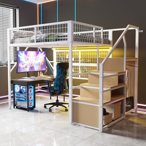 Arhatreya Hochbett 140x200 cm, Kinderbett mit Stauraum und Treppen, Metallbett mit Offenem Kleiderschrank, Jugendbett mit APP LED-Lichtleisten, Bett für Kinder Jugendliche (Ohne Matratze) Weiß von Arhatreya