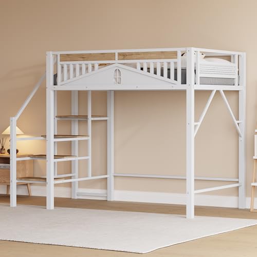 Arhatreya Hochbett 140x200 cm, Kinderbett mit Treppen, Metallbett mit Sicherheitsleiter, Jugendbett mit Fensterdesign, Bettgestell mit Lattenrost, Bett für Kinder Jugendliche (Ohne Matratze) Weiß von Arhatreya