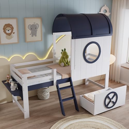 Arhatreya Hochbett 90x200 cm, Kinderbett mit Dach und Fenster, Holzbett mit Schublade, Zweistufige Schrägleiter, Bett mit Stauraum für Kinder Schlafzimmer (Ohne Matratze) Kiefer+MDF, Weiß+Dunkelblau von Arhatreya