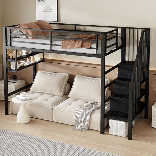 Arhatreya Hochbett 90x200 cm, Kinderbett mit Einlegeböden und Stauraumleiter, Metallbett mit Geländer, Jugendbett Bettgestell mit Lattenrost, Bett für Kinder Jugendliche (Ohne Matratze) Schwarz von Arhatreya